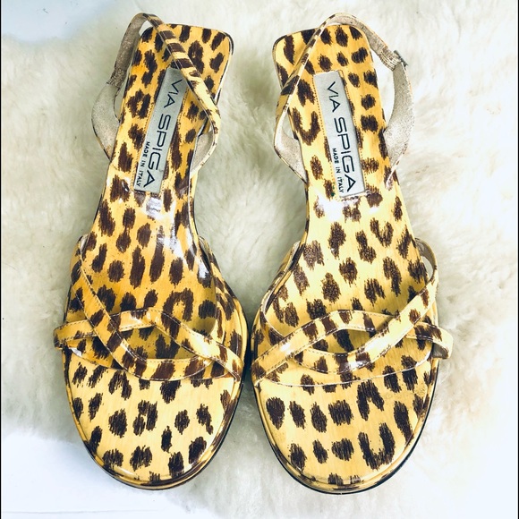 Y2K Via Spiga Leopard Slingback Patent Leather Italian Sandals Shoes Yellow Sz 7 - Picture 2 of 11